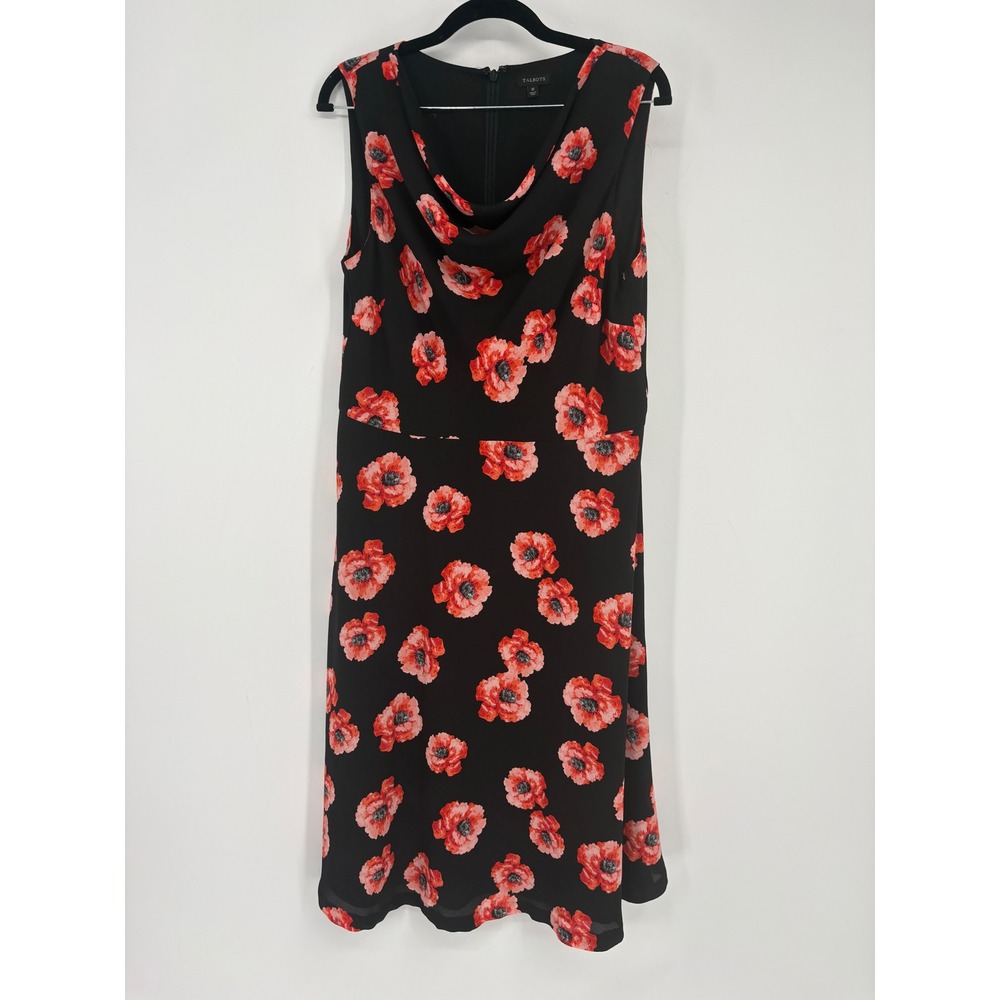 Talbots Dress Womens 10 Black Red Floral Cowl Neck Fit Flare Midi Sleeveless